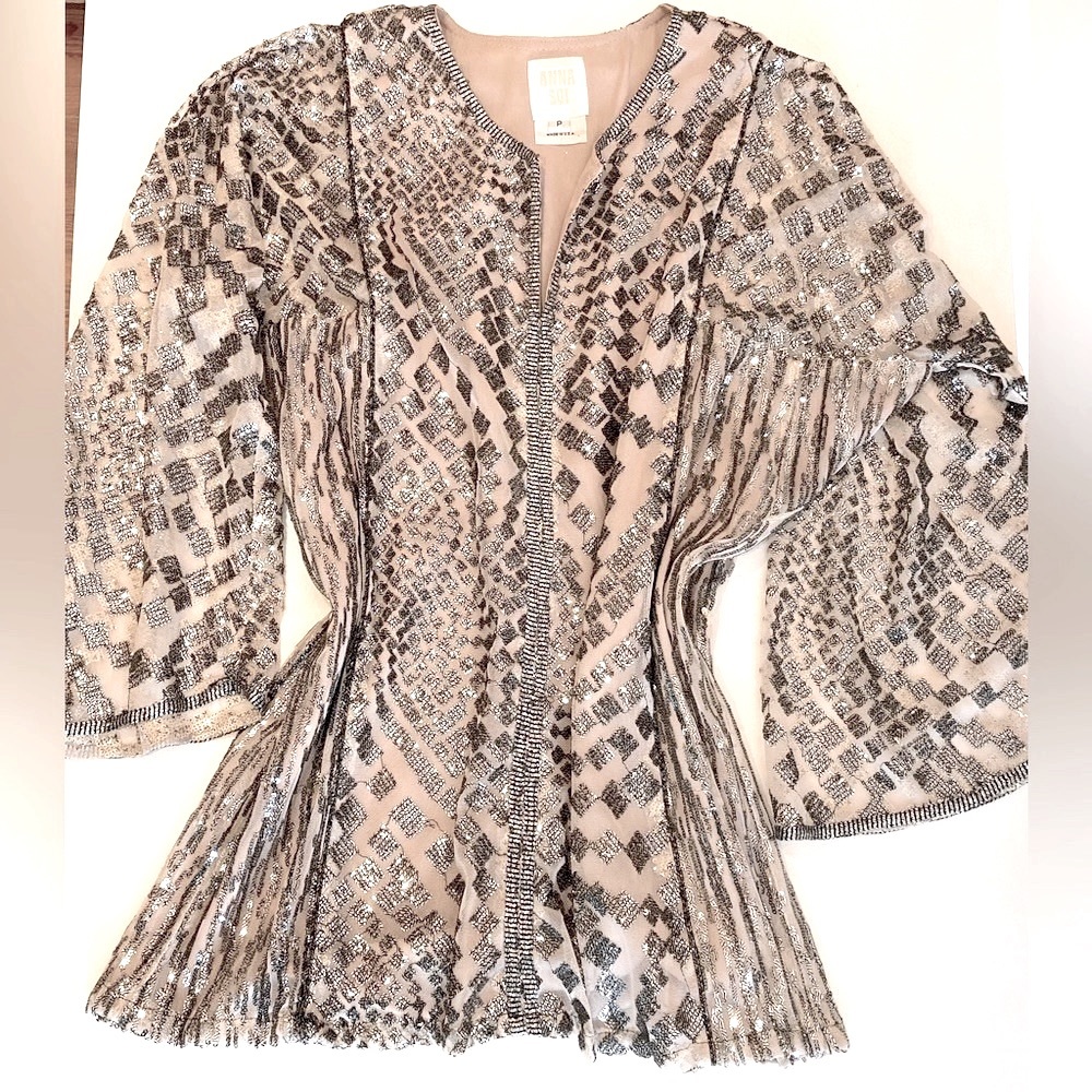 2x🎉HP Anna Sui Anthropologie Metallic Silver Sequin Mini Dress Retrofete Style - Picture 2 of 15
